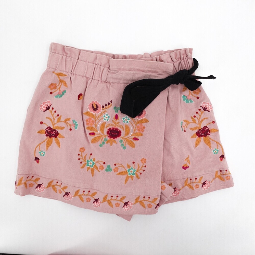Velzera Shorts Womens Small Pink Embroidered Floral Denim Tie Skort